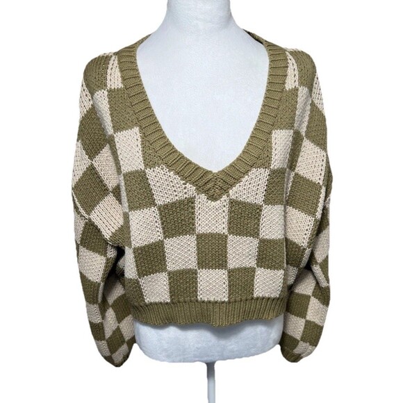 Blue Blush Women's Size Large Checkered Sweater Cropped Oversized - Picture 1 of 9